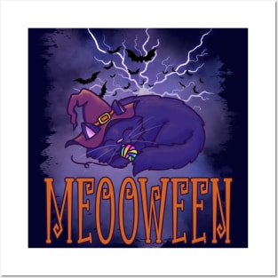 Night Blue Cat Meooween Halloween Posters and Art